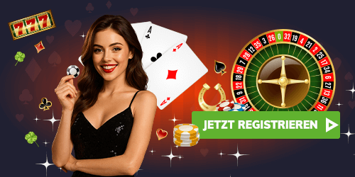 Spielerin mit Pokerchip vor Roulette und grünem Registrieren Button