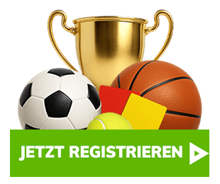 Pokal mit Fussball und Basketball über dem grünen Registrieren Button