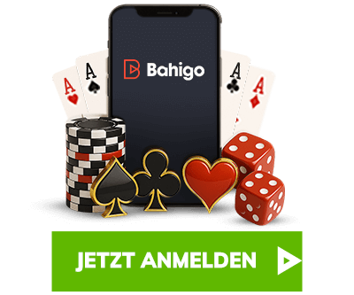 Bahigo Bonus am Smartphone mit Karten und Chips über dem Anmelden Button