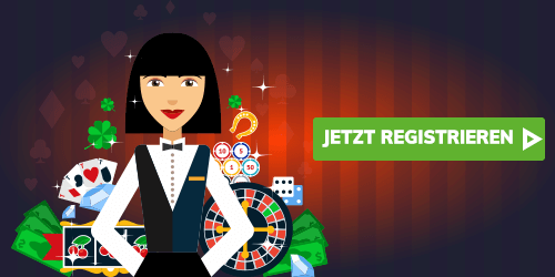 Casino Krupierin mit Spieltisch und Registrieren Button